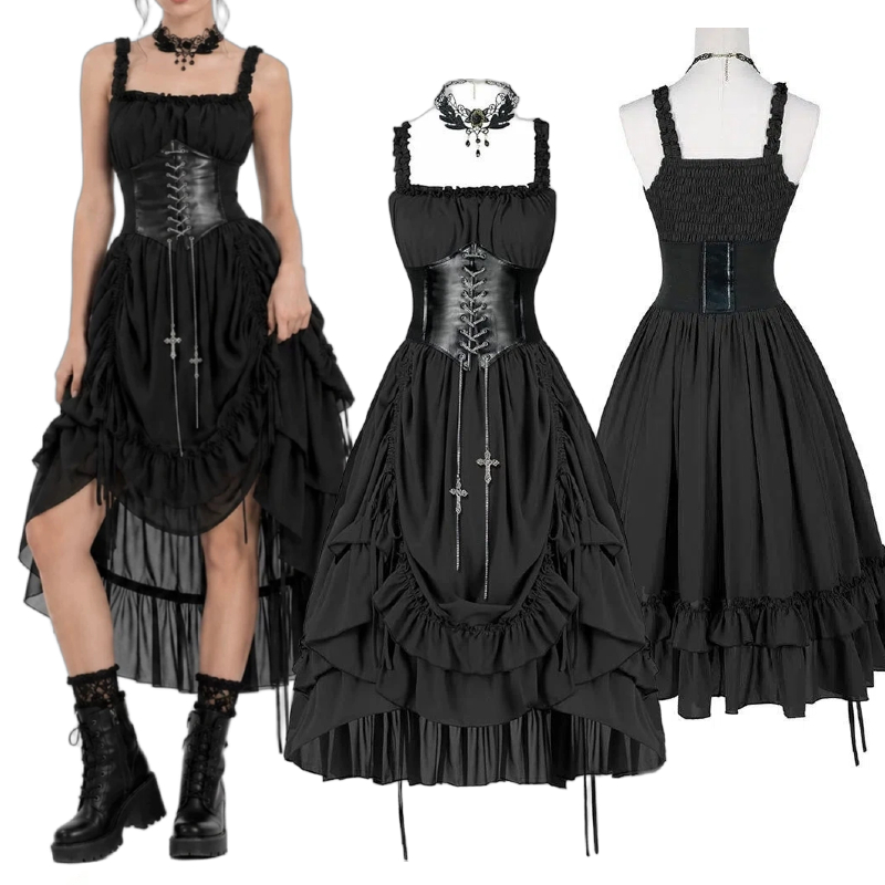 여성 고딕 드레스 코르셋 슬립 블랙 펑크 로리타 불규칙 - Medieval Renaissance Dress Women 리뷰 및 가격