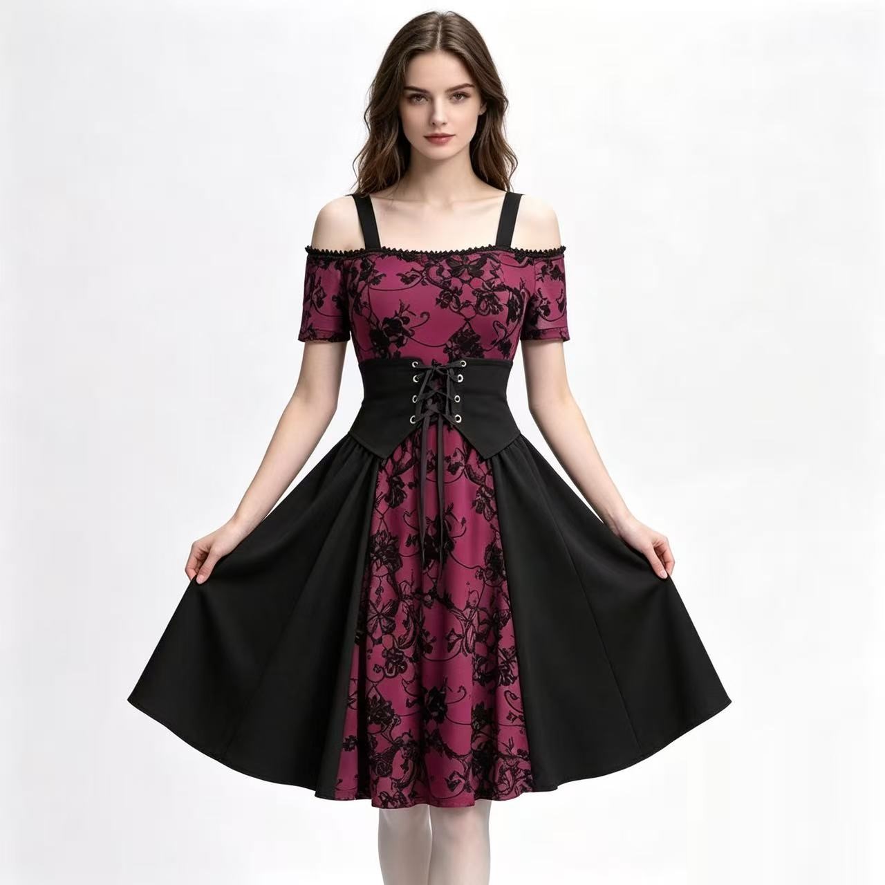 2026 여성 중세 고딕 펑크 레드 블랙 다크 프린트  - Medieval Renaissance Dress Women 리뷰 및 가격